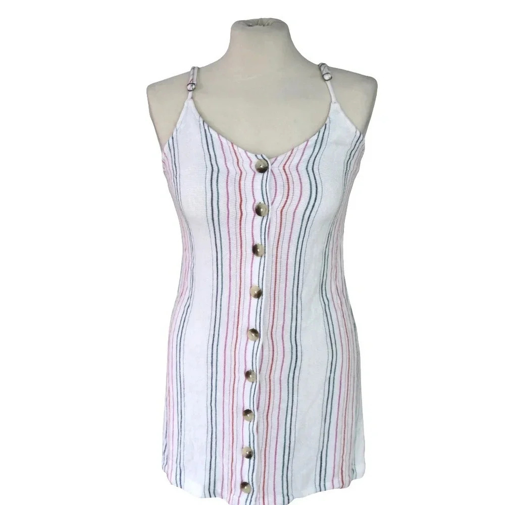 RIP CURL || Mini Dress Stripe Cotton Gauze Tortoise Buttons Small Beachy Coast